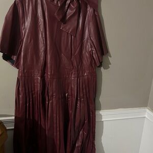Burgundy Leather pleated Midi Dress